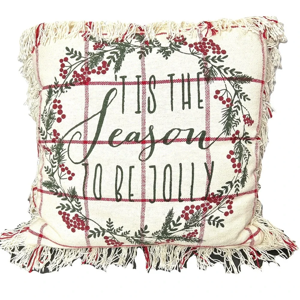 Christmas Throw Pillow Tis The Season Jolly Holly Maroon Berries ZIPS 19